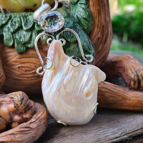 Natural Biwa Pearl ✦ Clear Quartz Pendant ✦ Vintage S925 Silver Handmade NWT - Picture 7 of 13